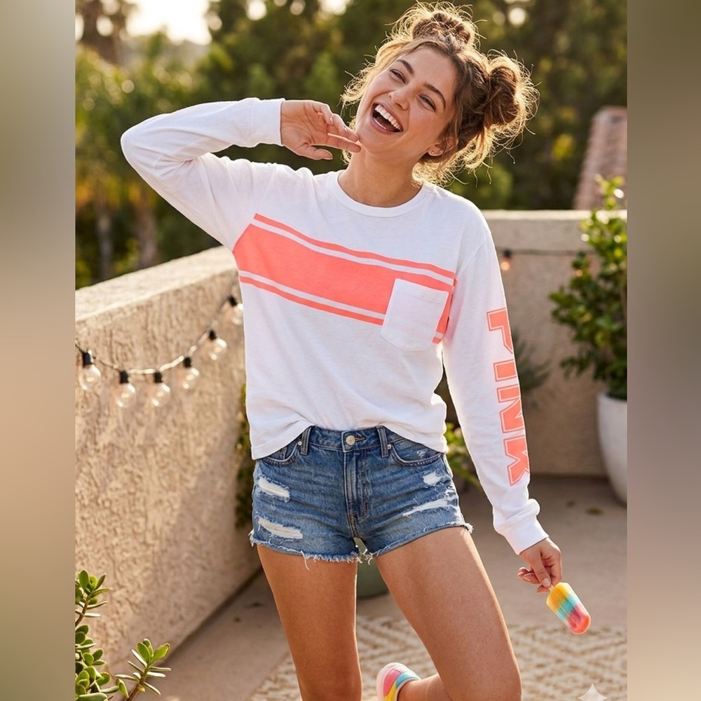 PINK Victoria's Secret White Tee with Coral Accent